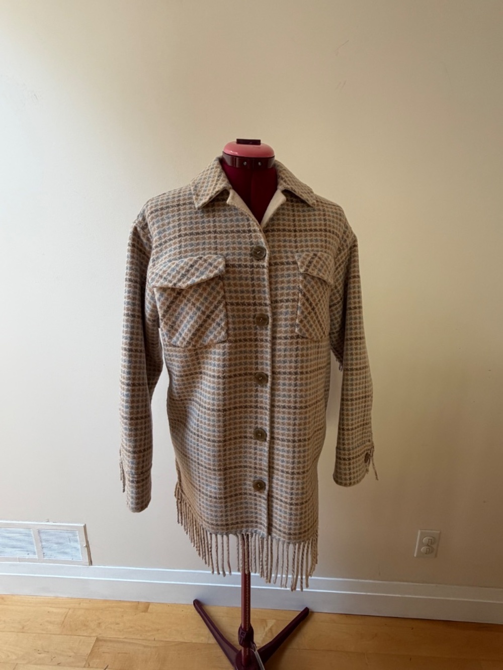 Sandro 'Claira' Fringed Houndstooth Wool Blend Autumn Jacket Sz 34